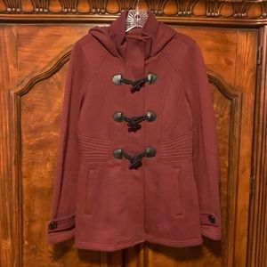 Sebby: Cotton Blend Maroon Hooded Thin Coat with Black Toggles